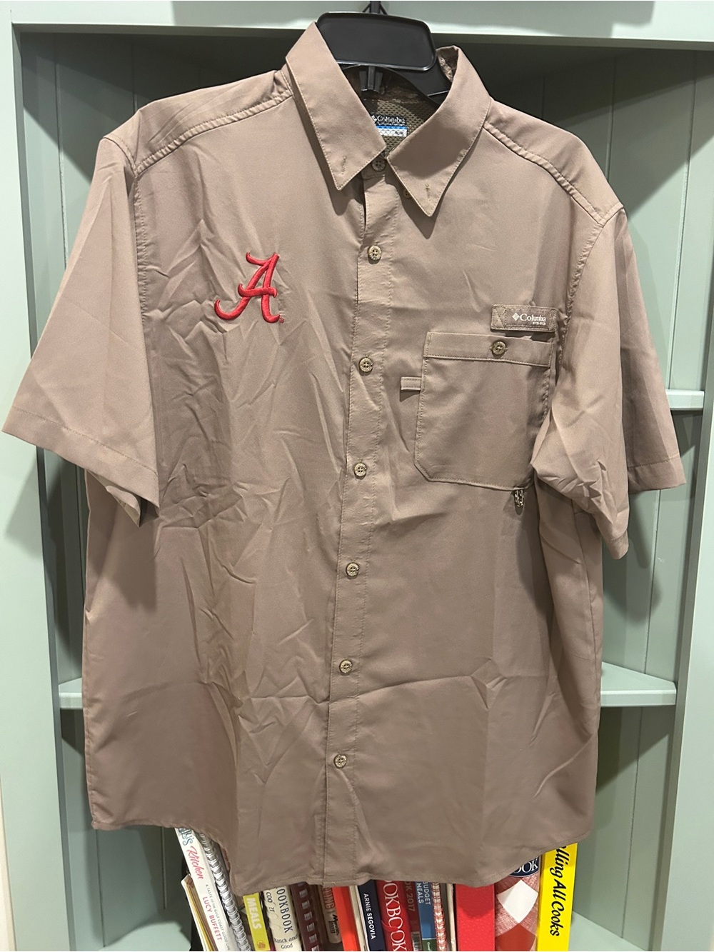 Columbia Men's Short-Sleeve Button-Up Shirt - Taupe with Red 'A' Embroidery